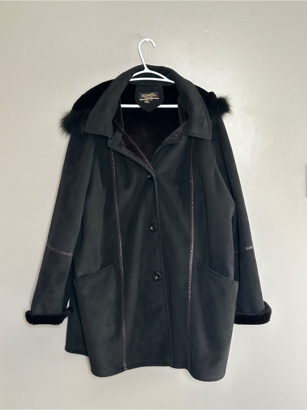Novelti Women's Black Faux-Suede Pea Coat with Fur Trim, 3X junior